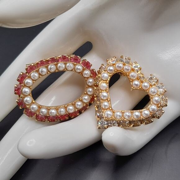 Vintage Twin Pin Brooches Set, Pink Clear Rhinestones, Oval & Heart, Gold Tone - Picture 1 of 7